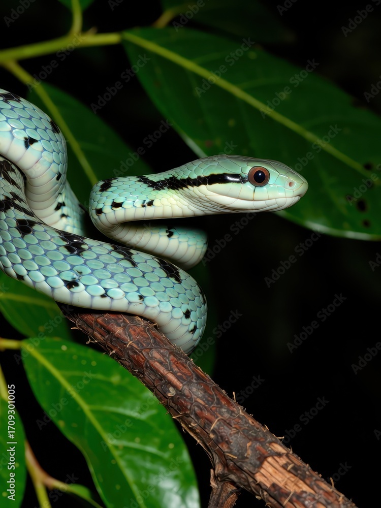 Obraz premium Captivating green snake curled on branch rainforest wildlife photography lush environment close-up view serpent behavior