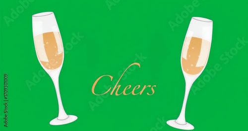 Upon appearing beside Cheers text, two champagne glasses toasting inward on transparent background