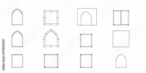 Collection of architectural window designs including arched and square frames in a clean line art style
