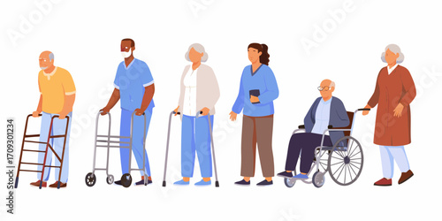 Diverse group of elderly people and a caregiver receiving assistance and support for mobility challenges