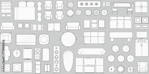 Top view collection of various furniture and home decor items in a simple line drawing style