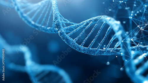 Close-up View of a Blue DNA Double Helix Structure Floating in a Scientific Background of Digital Patterns and Light Particles