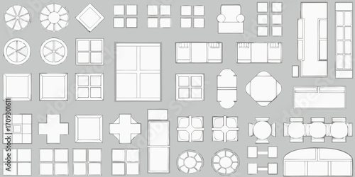 Collection of hand drawn architectural elements and furniture icons in top down view