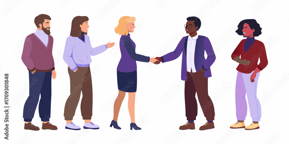 Obraz premium Diverse group of five people in casual business attire interacting and shaking hands