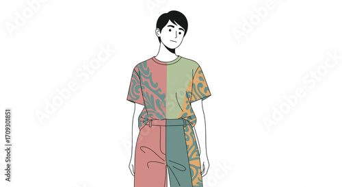 Stylish individual in colorful attire, standing confidently, looking forward.