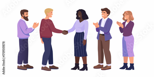 Diverse group of people celebrating a successful business deal with handshakes and applause