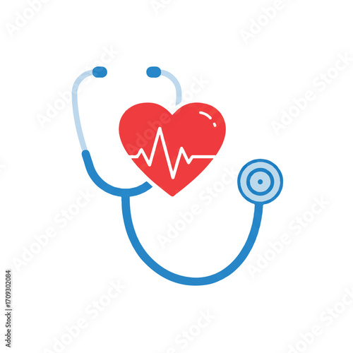A clean 2D flat vector illustration visually depicts a stethoscope wrapped around a stylized heart with an active electrocardiogram heartbeat line, presented against a pristine white background.