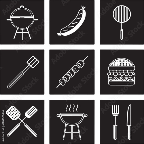 Summer Barbecue Food and Tools Icon Set