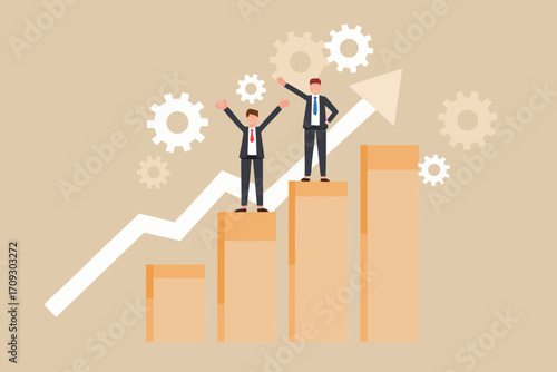 Two successful businessmen celebrating on top of a rising bar graph with gears and an upward arrow