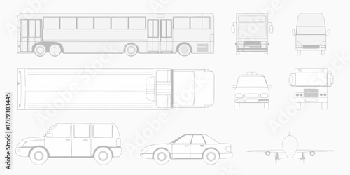 Collection of vehicle outlines including a bus car suv taxi truck and airplane from different views