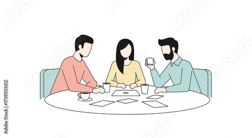 Team members engaged in a collaborative meeting around a table.