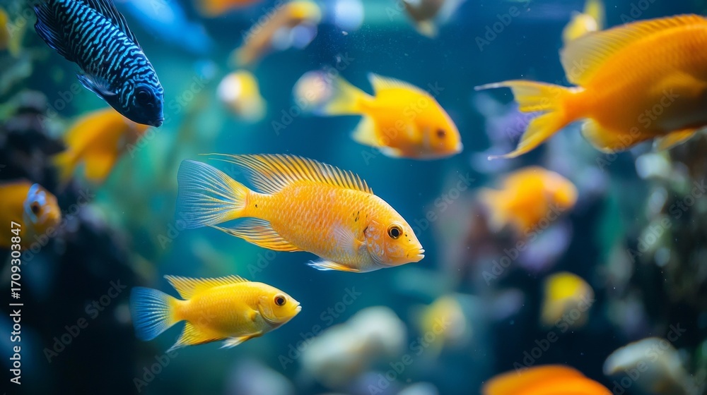 Fototapeta premium The close up of aquarium tank full of fish