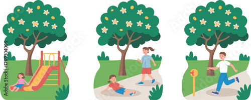 Cartoon children playing in park, playground slide, roller skating fall, running path, outdoor fun, trees with fruits, flowers, happy kids, summer activity illustration