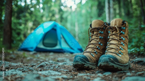 Trekking hiking boots on background with blue tourist tent camp in the wild forest