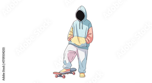 Teenager in colorful hoodie stands on skateboard with blank face.
