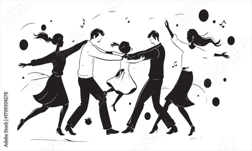 Minimalist Line Drawing of Dancing Figures in Black and White