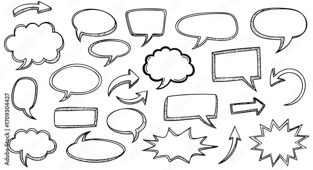Fototapeta premium Speech bubbles and arrows for dialogue, communication, and message design in a playful hand-drawn style