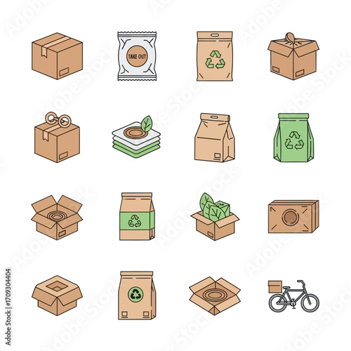 Assortment of Eco-Friendly Packaging and Delivery Icons.