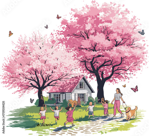 Colorful springtime village scene, blooming pink purple trees, children playing on cobblestone path, woman walking dog, butterflies flying, charming house, peaceful community
