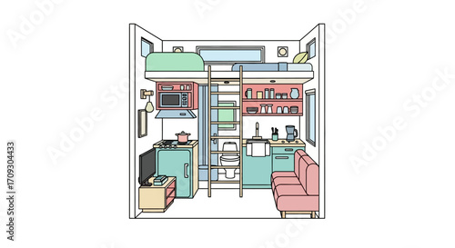 Tiny apartment interior design with loft bed and kitchen.