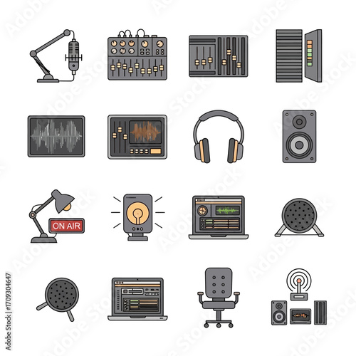 Audio Recording and Production Equipment Icons Set for Studio Use.