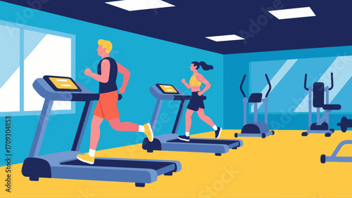 Running on the treadmill in the gym, hand-drawn vector illustrations