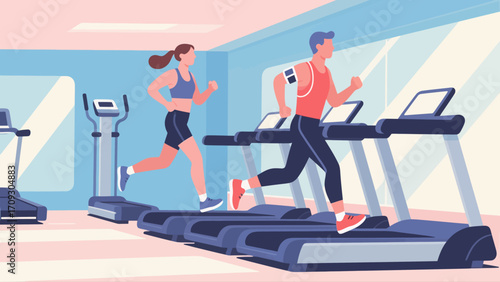 Running on the treadmill in the gym, hand-drawn vector illustrations