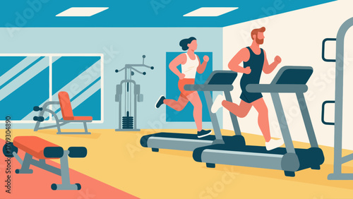 Running on the treadmill in the gym, hand-drawn vector illustrations