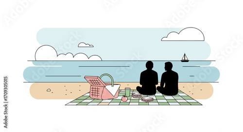 Two figures enjoy a beach picnic with ocean views and a sailboat.