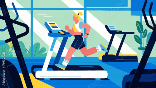 Running on the treadmill in the gym, hand-drawn vector illustrations