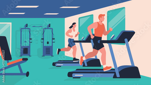 Running on the treadmill in the gym, hand-drawn vector illustrations