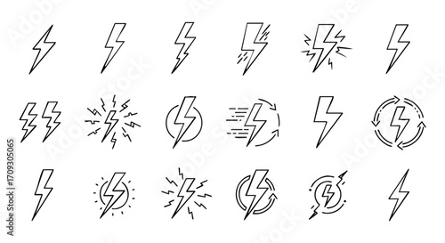 Dynamic lightning bolt icons representing energy, power, and electricity for modern design projects