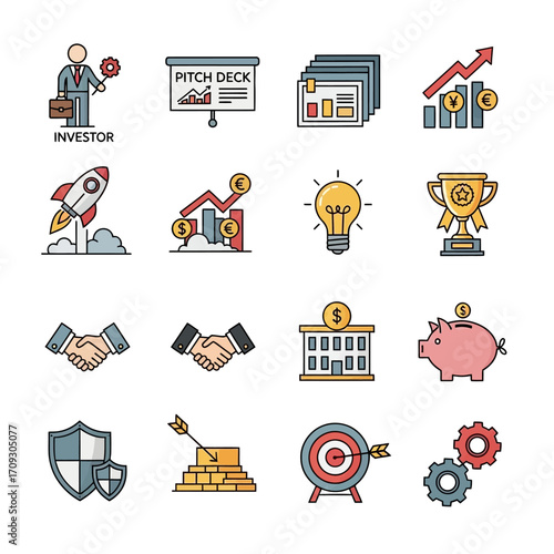 Business and Investment Icons - Investor, Pitch Deck, Rocket, Idea, and More.