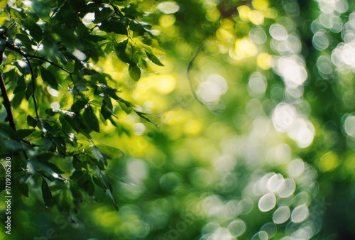 Soft-focused, light-drenched canopy of green leaves. Bokeh orbs of light illuminate the background, creating an ethereal, dreamlike atmosphere