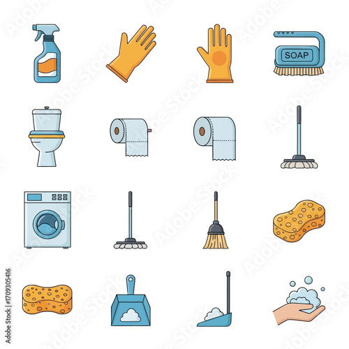 Cleaning Supplies and Equipment Icons Set for Household Chores.