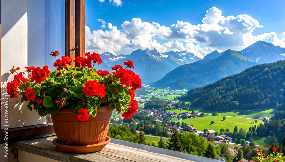 Fototapeta premium Mountain view from a window with red geraniums