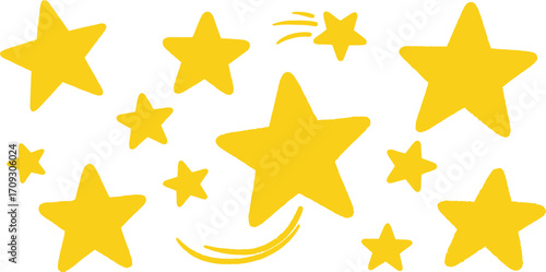 Collection of vibrant yellow stars and a crescent moon on transparent background