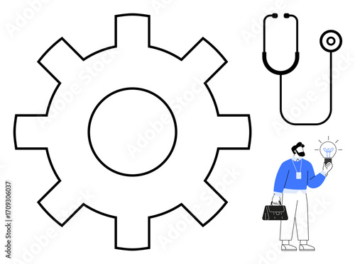 Man holds lightbulb idea, gear emphasizes innovation, stethoscope symbolizes healthcare. Ideal for medicine, technology, problem-solving, research, business strategy, collaboration simple flat