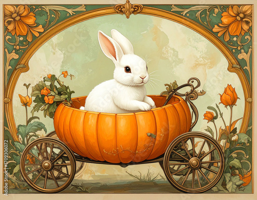 White Rabbit Riding Pumpkin Carriage in Autumn Art Nouveau Style