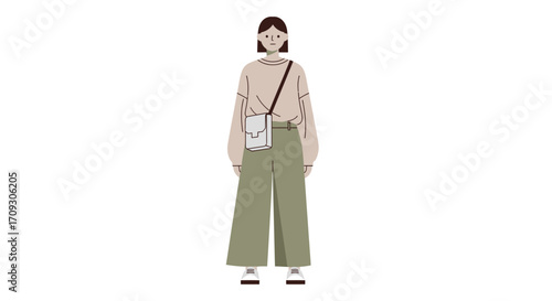 Woman in casual outfit with crossbody bag stands confidently.
