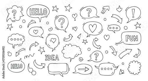 Engaging hand drawn speech bubbles with creative doodles and words, perfect for social media and branding projects