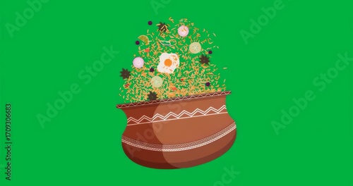 Materializing glowing pot filling with rice eggs onion anise as blue aura pulsing energizing scene