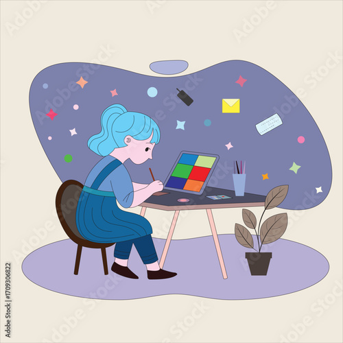 vector illustration A young artist who is deeply engaged in digital drawing, surrounded by colorful inspiration and creative energy.
