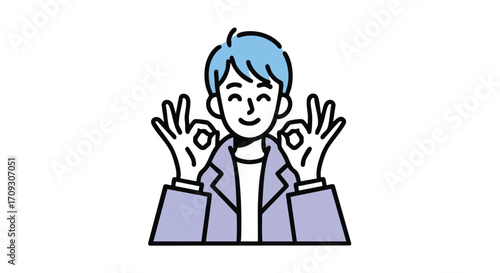 Young man gives okay sign with both hands, demonstrating positive attitude and agreement for promotion