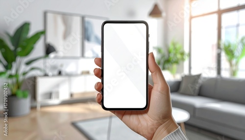 Hand holding a blank smartphone screen in a bright, softly focused living room. Modern interior with plants and blurred furniture