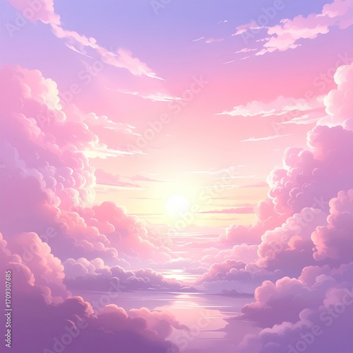 Cartoon sky with fluffy pink clouds and a bright sun, reflected on water, creates a soft, dreamy, serene, and peaceful landscape