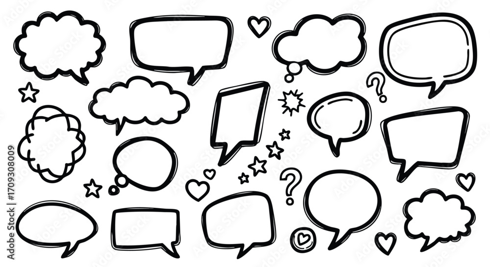 Obraz premium Dynamic collection of hand-drawn speech bubbles and icons for creative communication and design projects