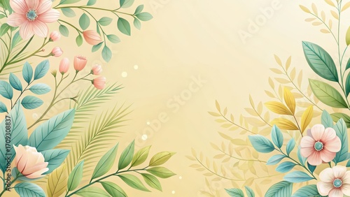 Elegant Pastel Floral Frame with Delicate Blooms and Lush Greenery, Perfect for Wedding Invitations or Elegant Announcements