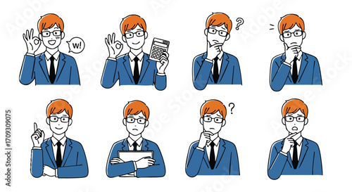 Cartoon businessman expressions illustrate finance, planning, and problem-solving in a professional setting