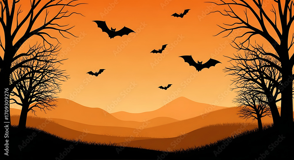 Fototapeta premium Spooky halloween night scene with flying bats and bare trees against an orange sky creating a festive and eerie autumn atmosphere for seasonal designs